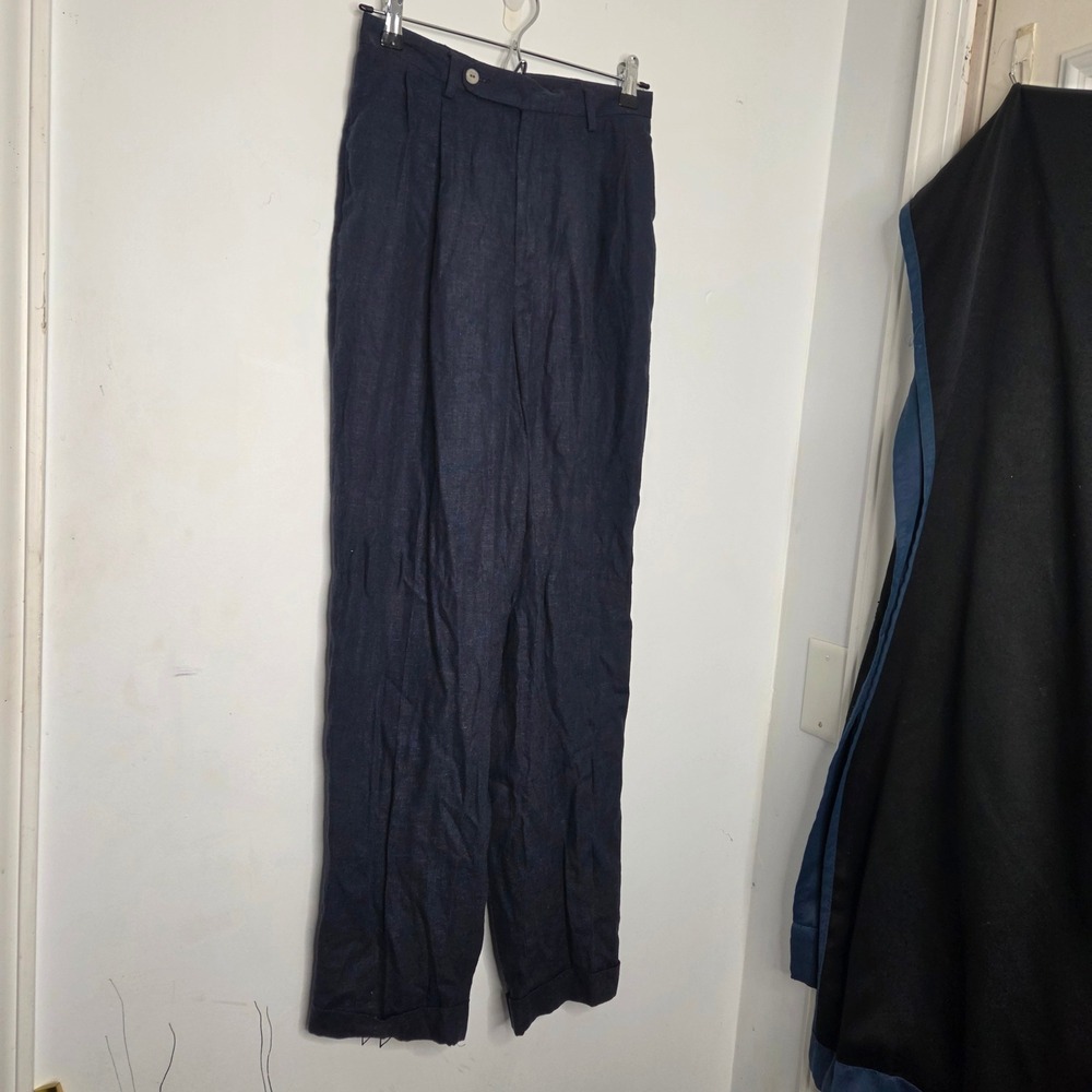 Hunt Club Navy Blue Linen Blend High Rise Pleated Straight Leg Trousers Size 6